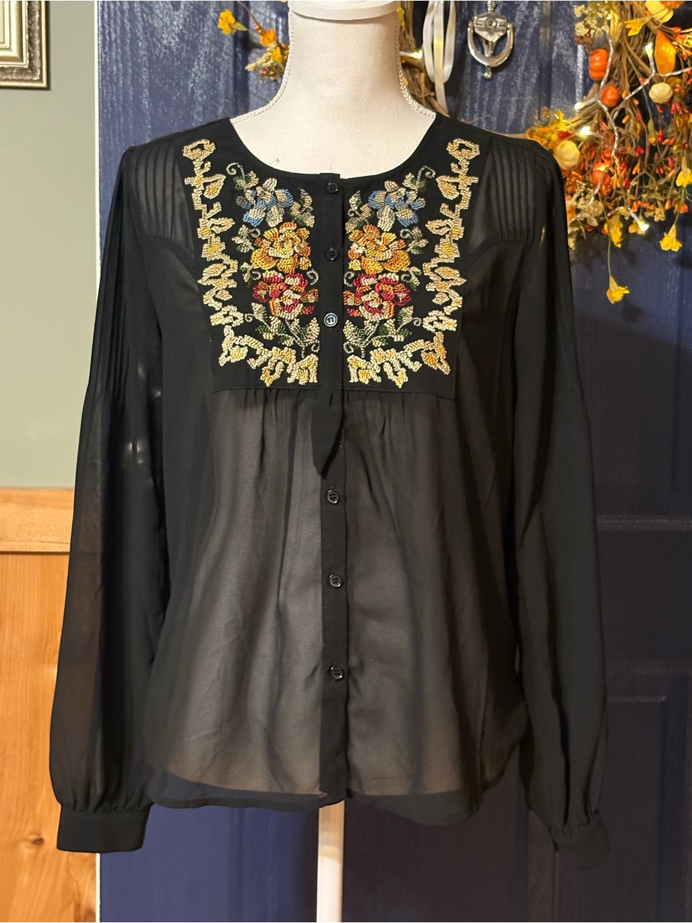 THML Black Sheer Floral Embroidered Boho Button Front Blouse Top S